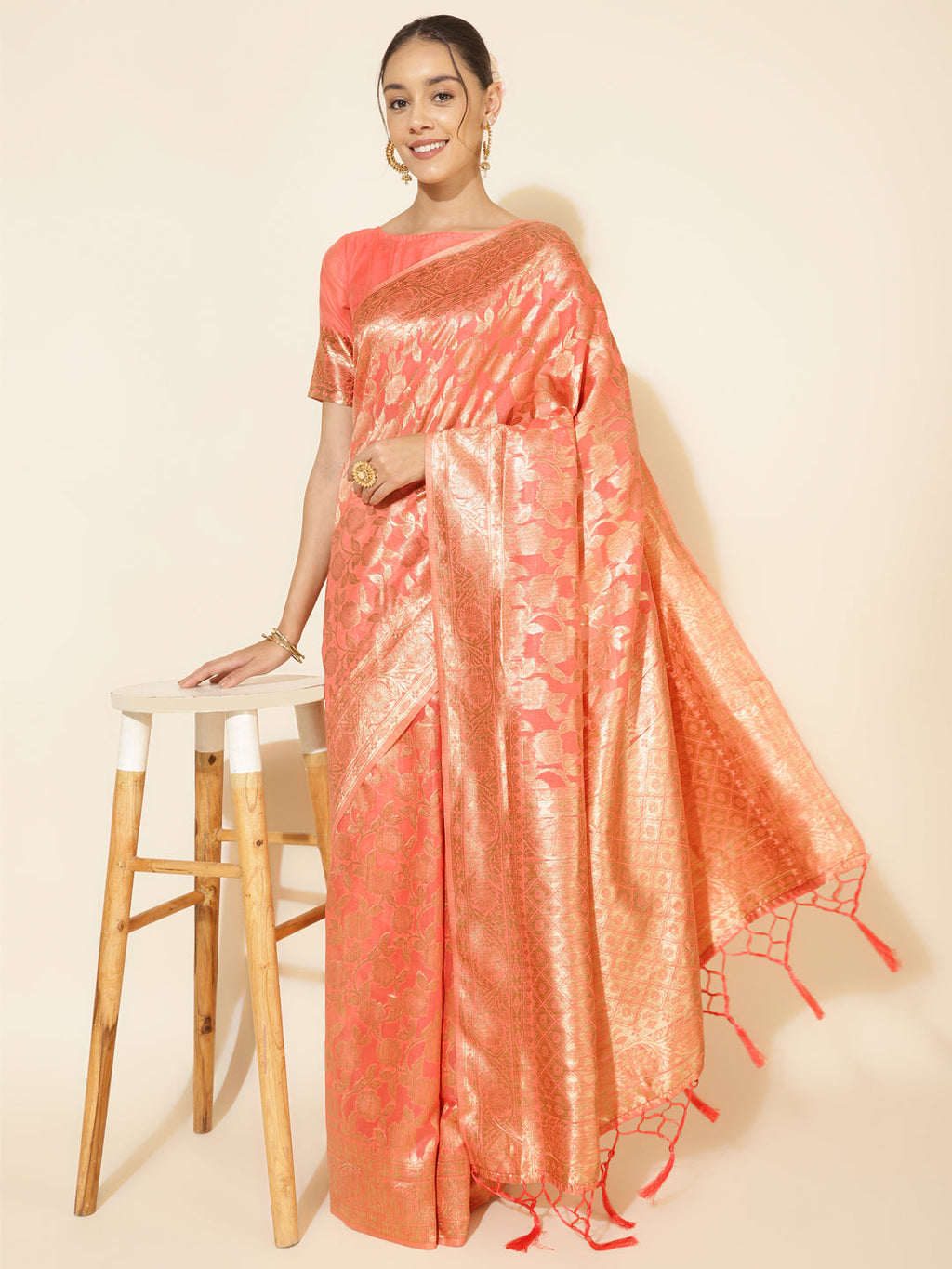 Janasya Peach Chanderi Silk Floral Woven Design Saree | Grocsy