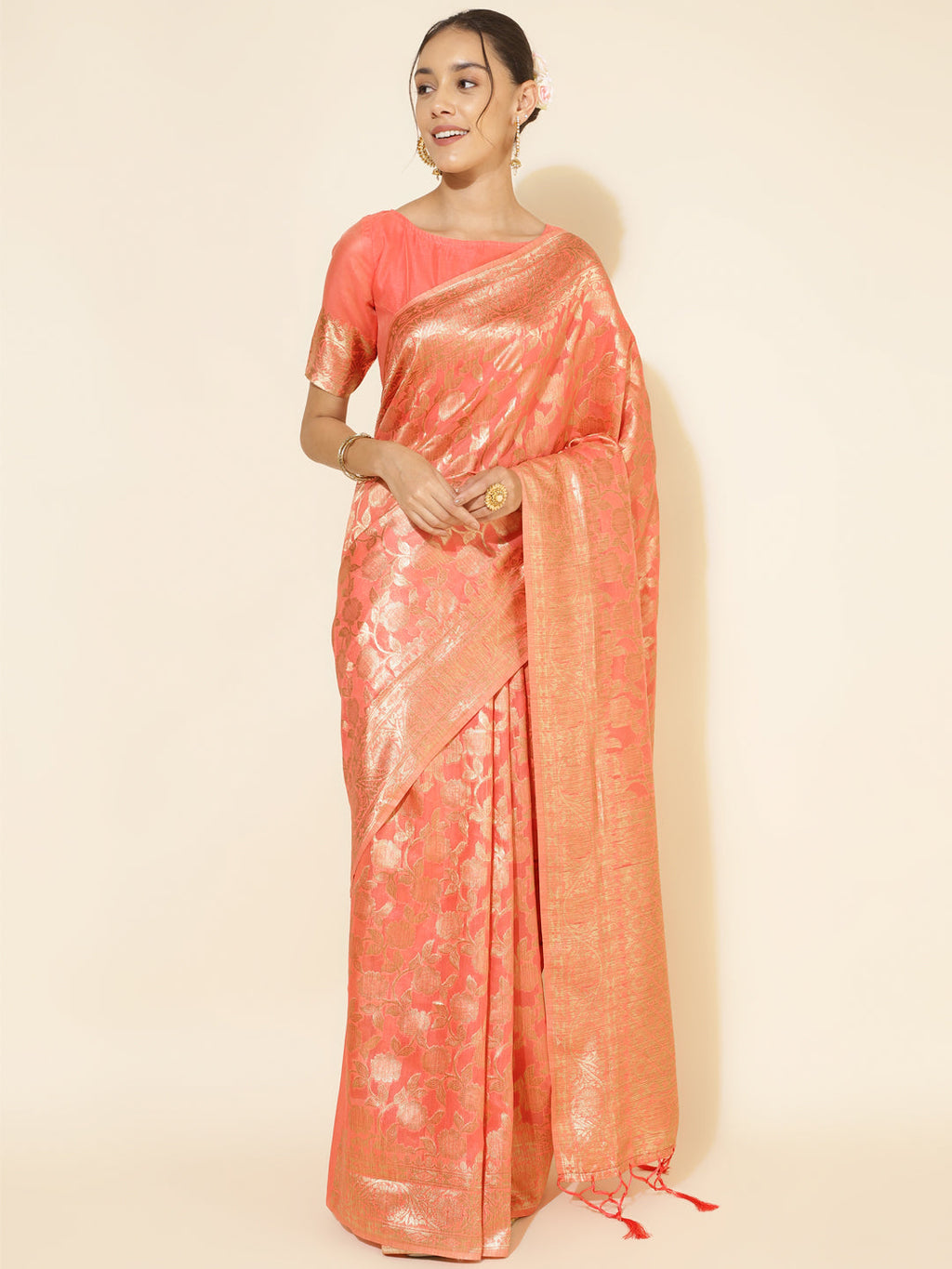 Janasya Peach Chanderi Silk Floral Woven Design Saree | Grocsy