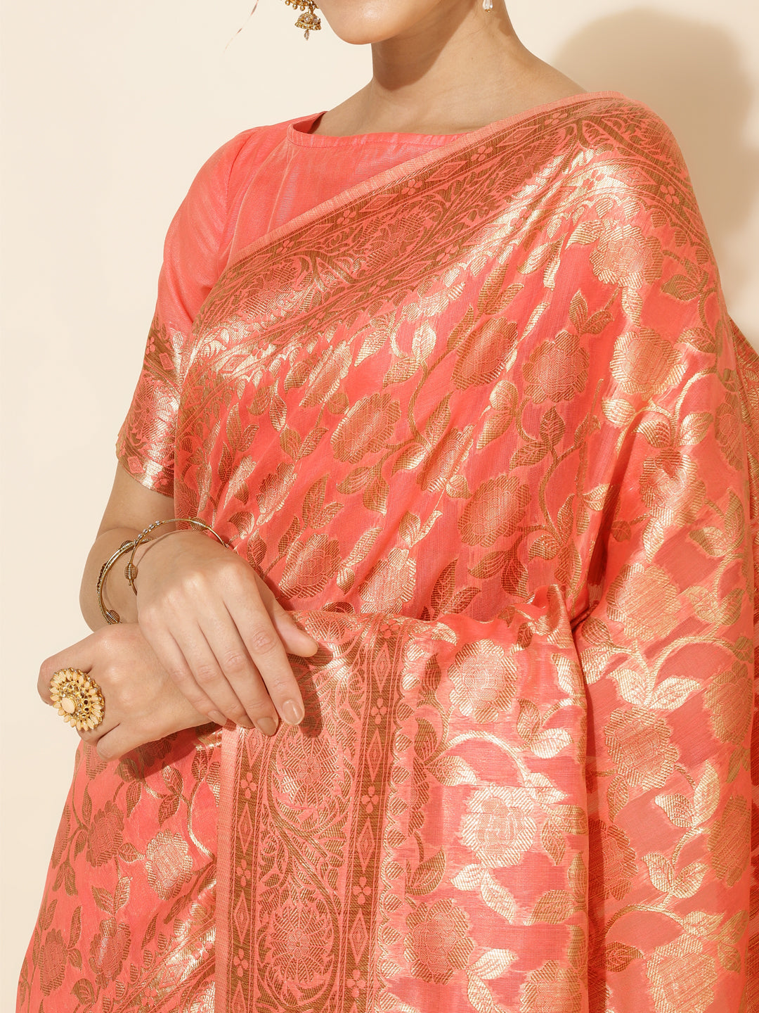Janasya Peach Chanderi Silk Floral Woven Design Saree | Grocsy