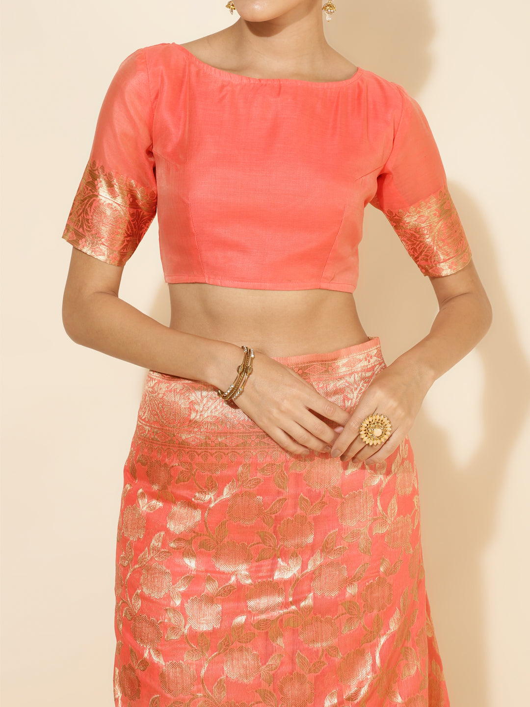 Janasya Peach Chanderi Silk Floral Woven Design Saree | Grocsy
