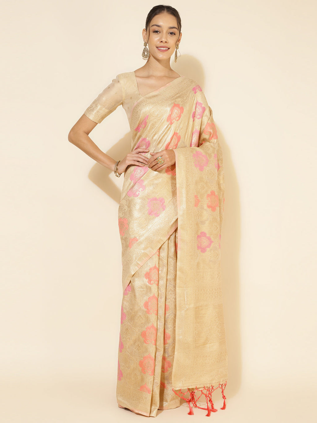 Janasya Cream Chanderi Silk Ethnic Motifs Woven Design Saree | Grocsy