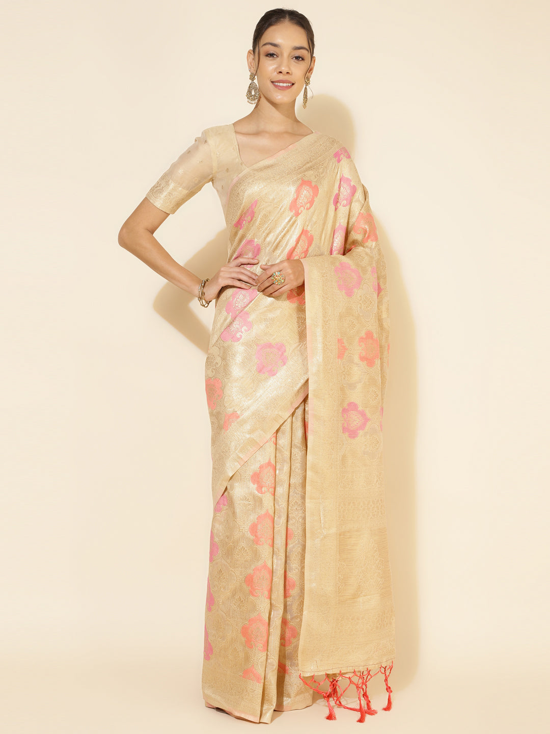 Janasya Cream Chanderi Silk Ethnic Motifs Woven Design Saree | Grocsy