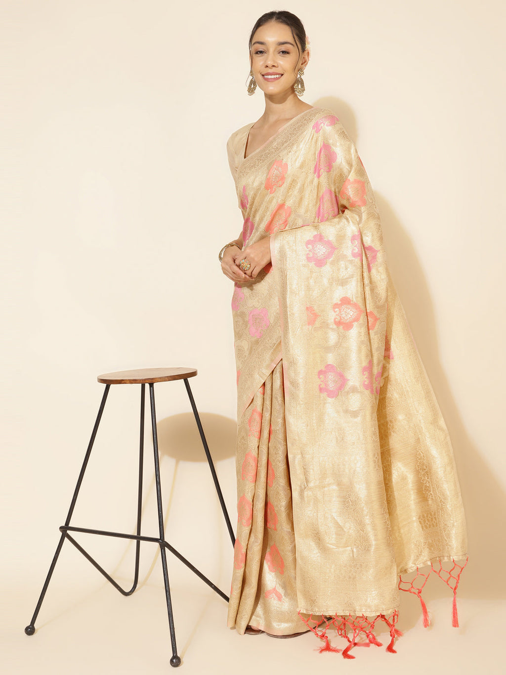Janasya Cream Chanderi Silk Ethnic Motifs Woven Design Saree | Grocsy