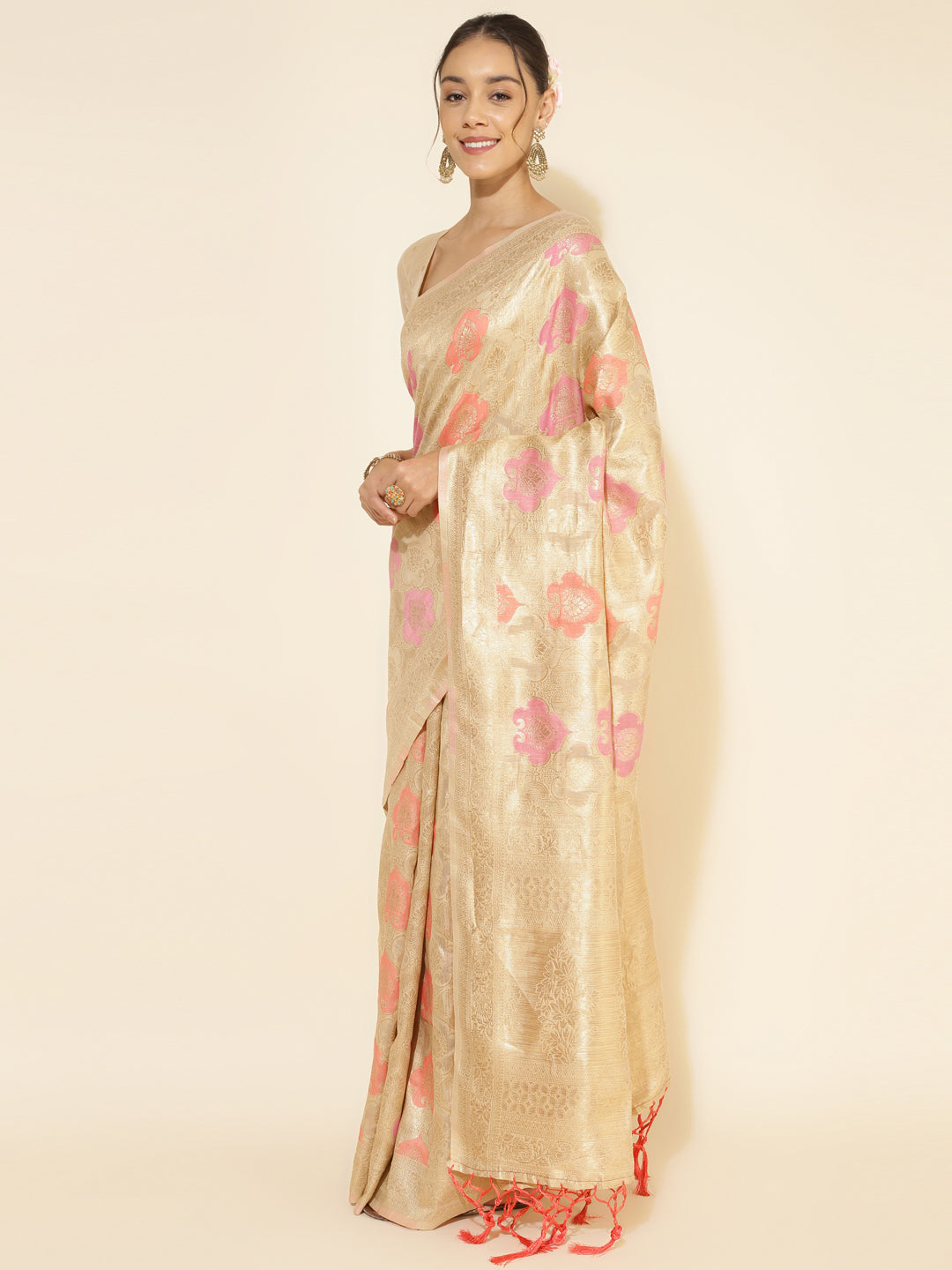 Janasya Cream Chanderi Silk Ethnic Motifs Woven Design Saree | Grocsy