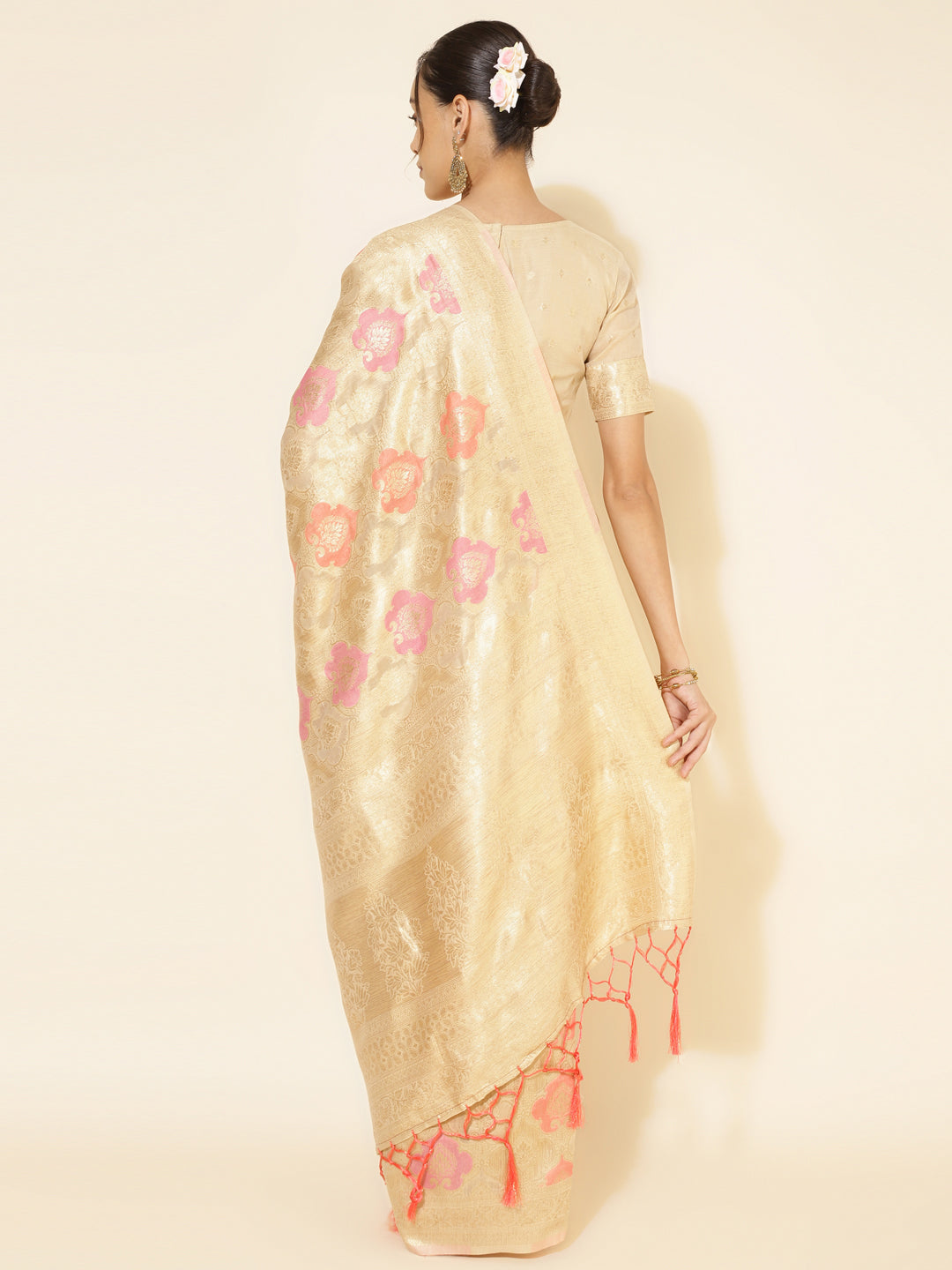 Janasya Cream Chanderi Silk Ethnic Motifs Woven Design Saree | Grocsy