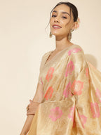 Janasya Cream Chanderi Silk Ethnic Motifs Woven Design Saree | Grocsy