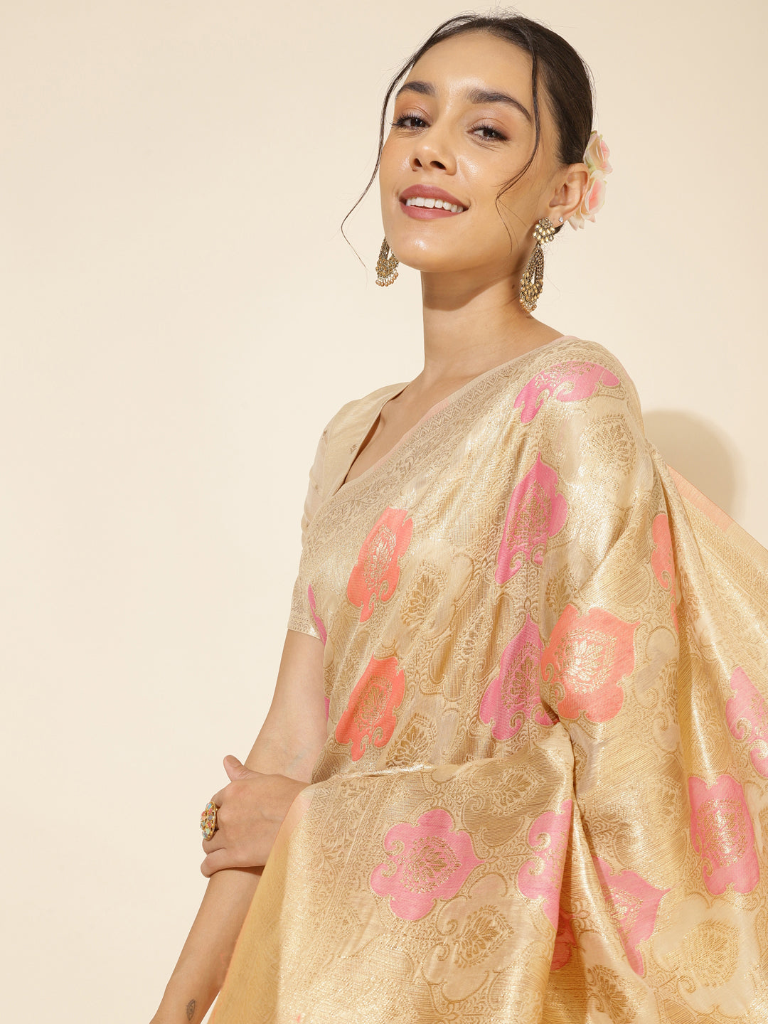 Janasya Cream Chanderi Silk Ethnic Motifs Woven Design Saree | Grocsy