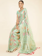 Janasya Sea Green Chanderi Silk Ethnic Motifs Woven Design Saree | Grocsy