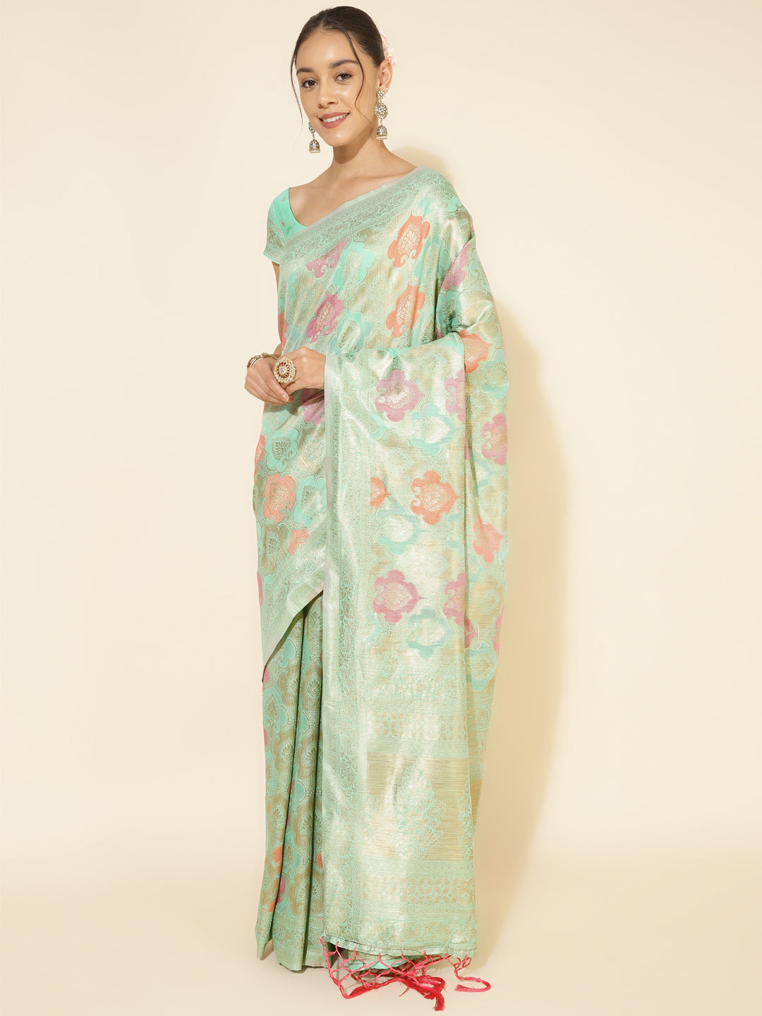 Janasya Sea Green Chanderi Silk Ethnic Motifs Woven Design Saree | Grocsy