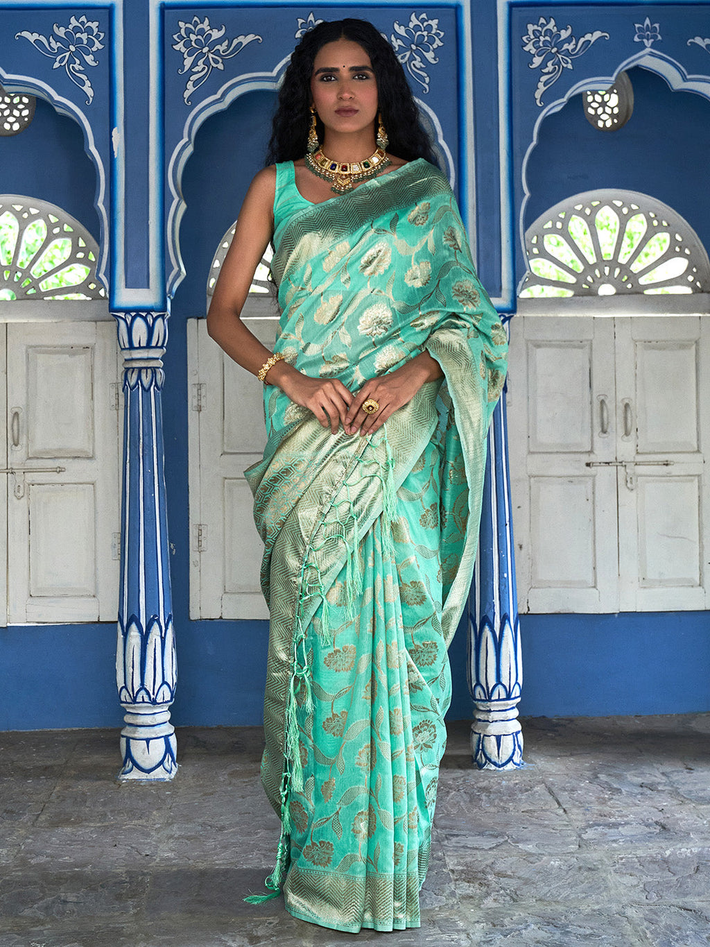 Janasya Sea Green Chanderi Silk Floral Woven Design Saree | Grocsy