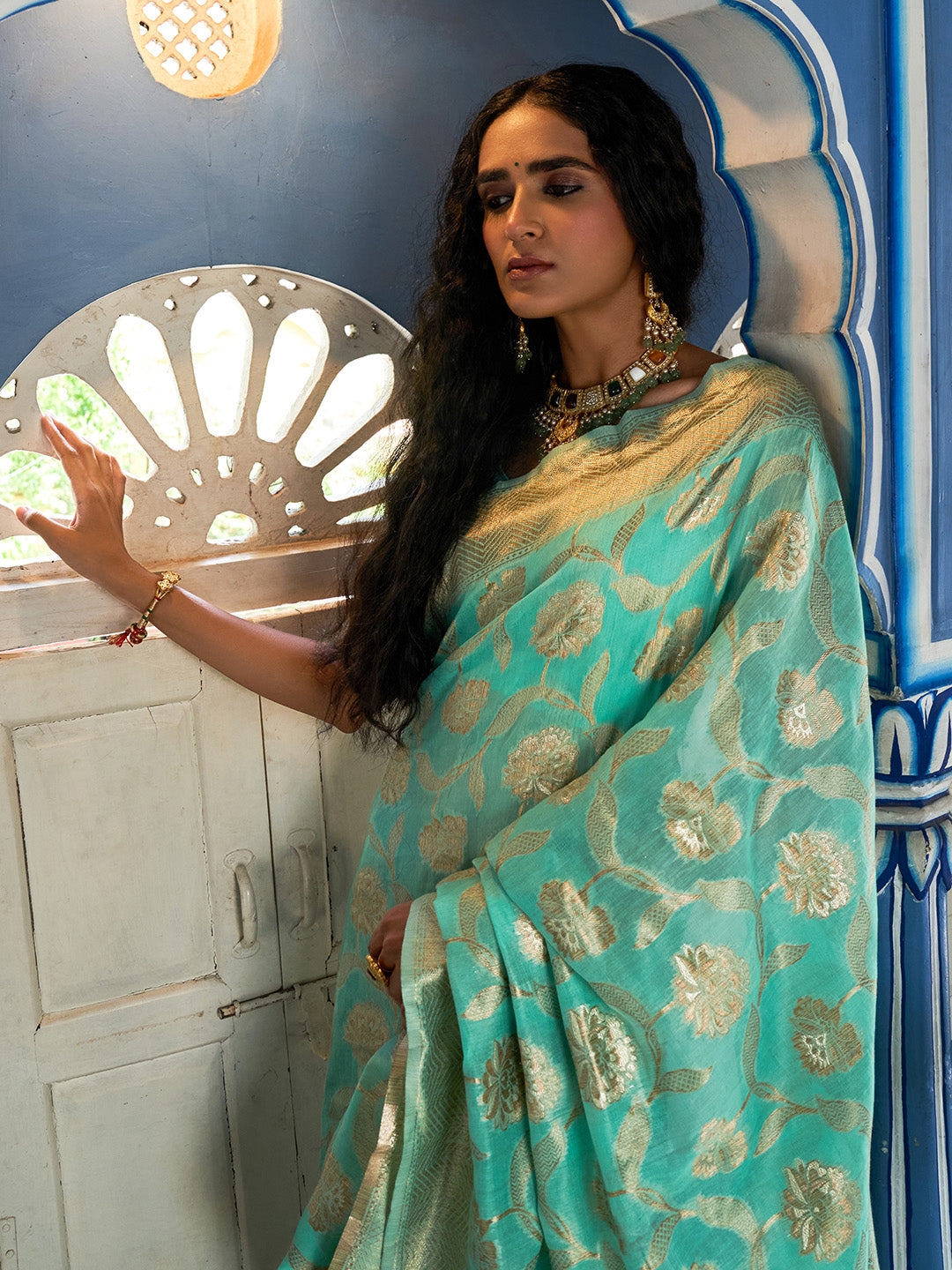 Janasya Sea Green Chanderi Silk Floral Woven Design Saree | Grocsy