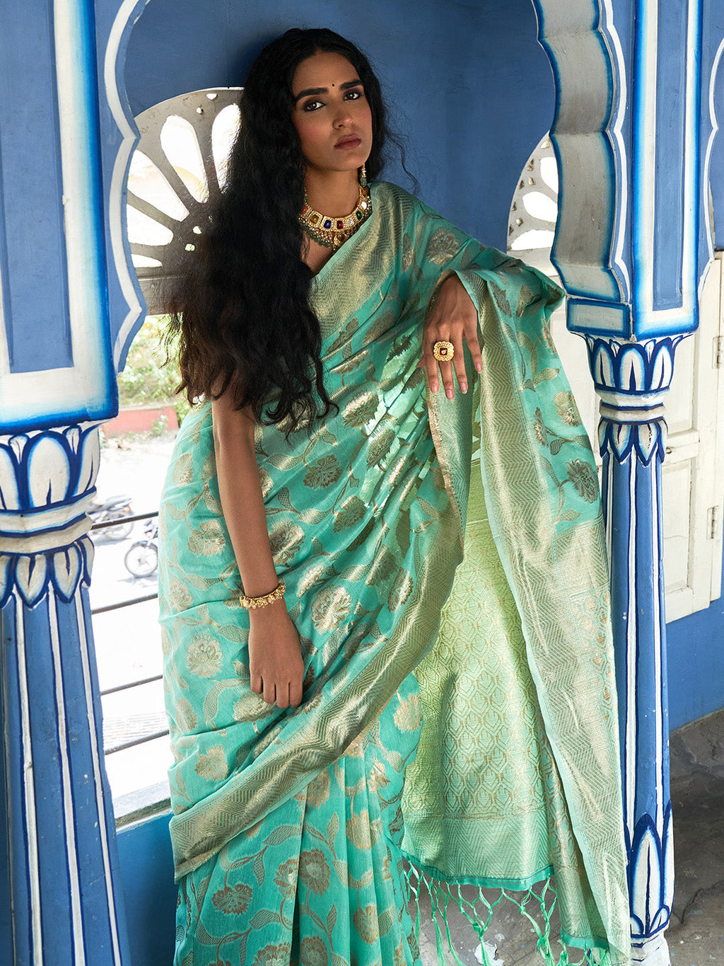 Janasya Sea Green Chanderi Silk Floral Woven Design Saree | Grocsy