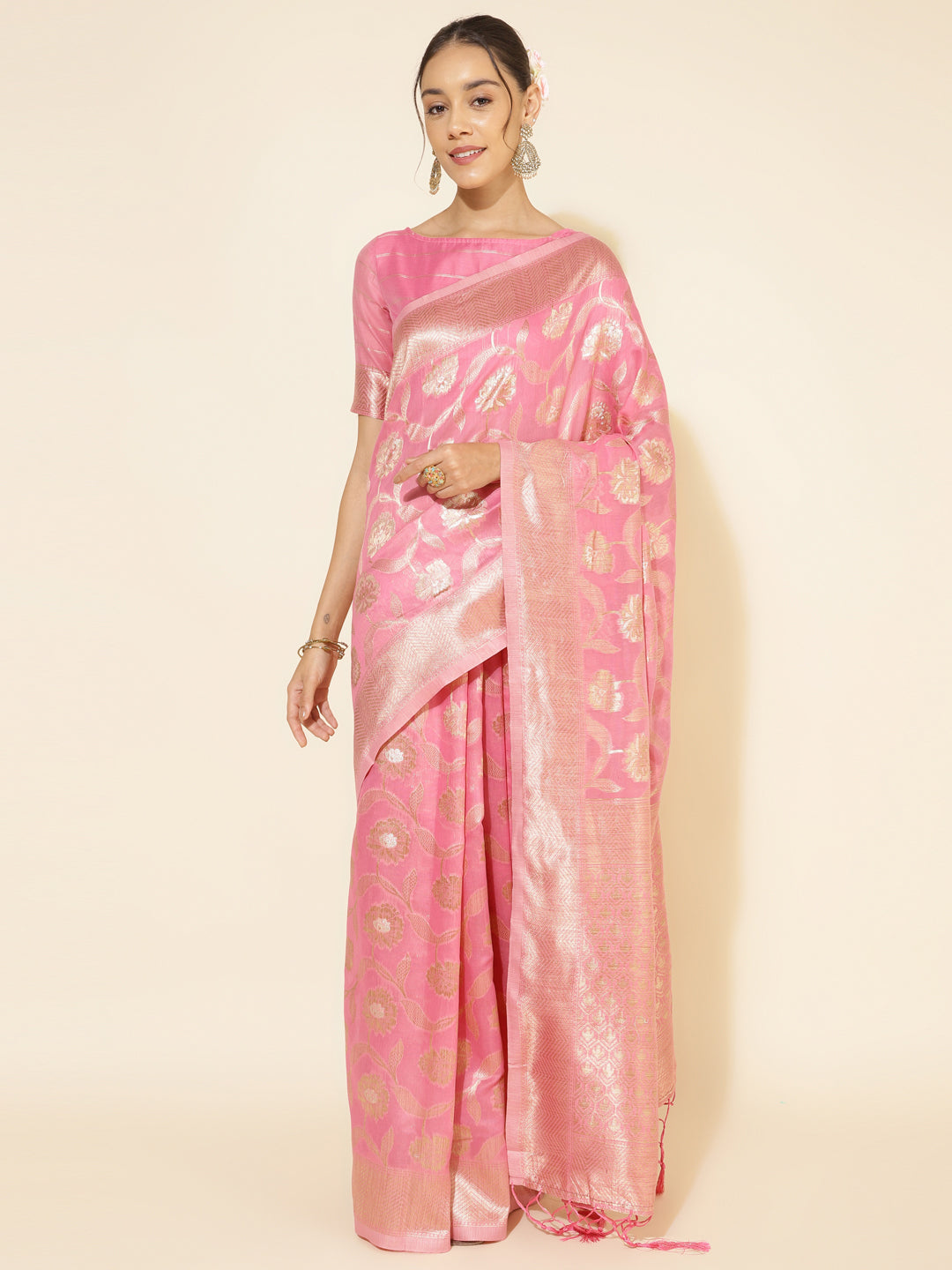 Janasya Pink Chanderi Silk Floral Woven Design Saree | Grocsy