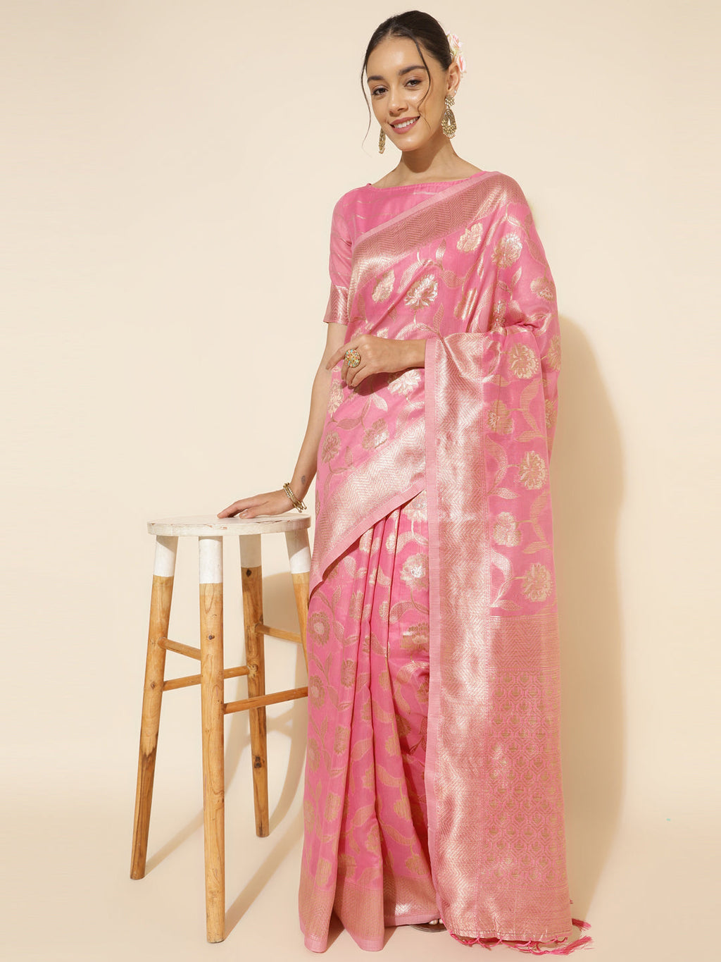 Janasya Pink Chanderi Silk Floral Woven Design Saree | Grocsy
