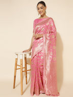Janasya Pink Chanderi Silk Floral Woven Design Saree | Grocsy