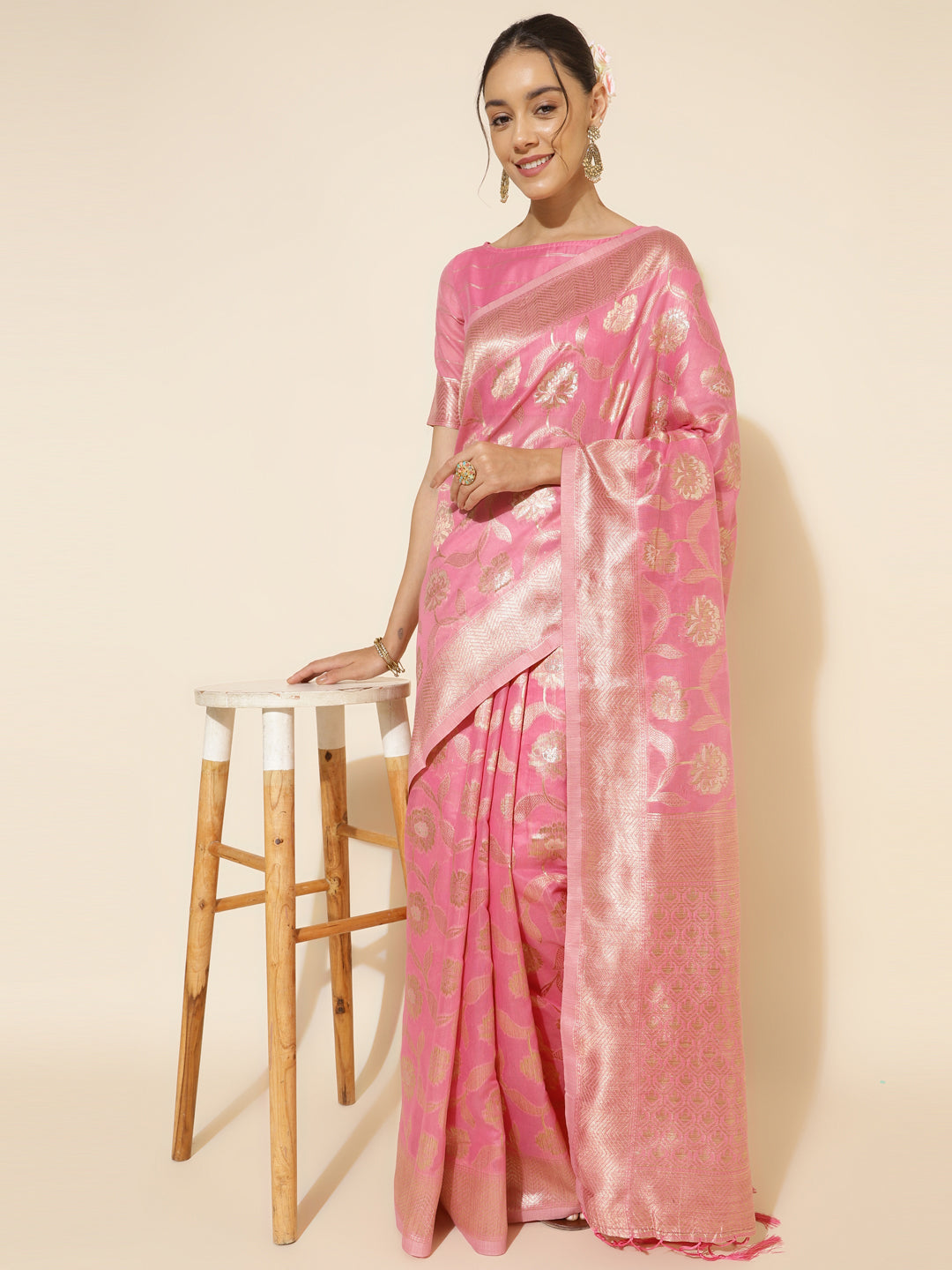 Janasya Pink Chanderi Silk Floral Woven Design Saree | Grocsy