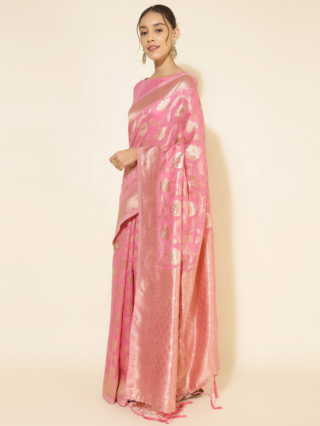 Janasya Pink Chanderi Silk Floral Woven Design Saree | Grocsy