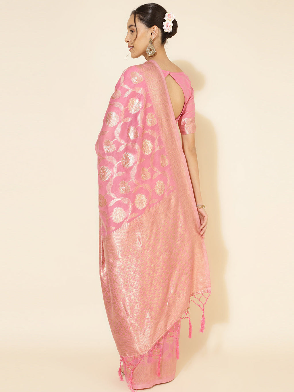 Janasya Pink Chanderi Silk Floral Woven Design Saree | Grocsy