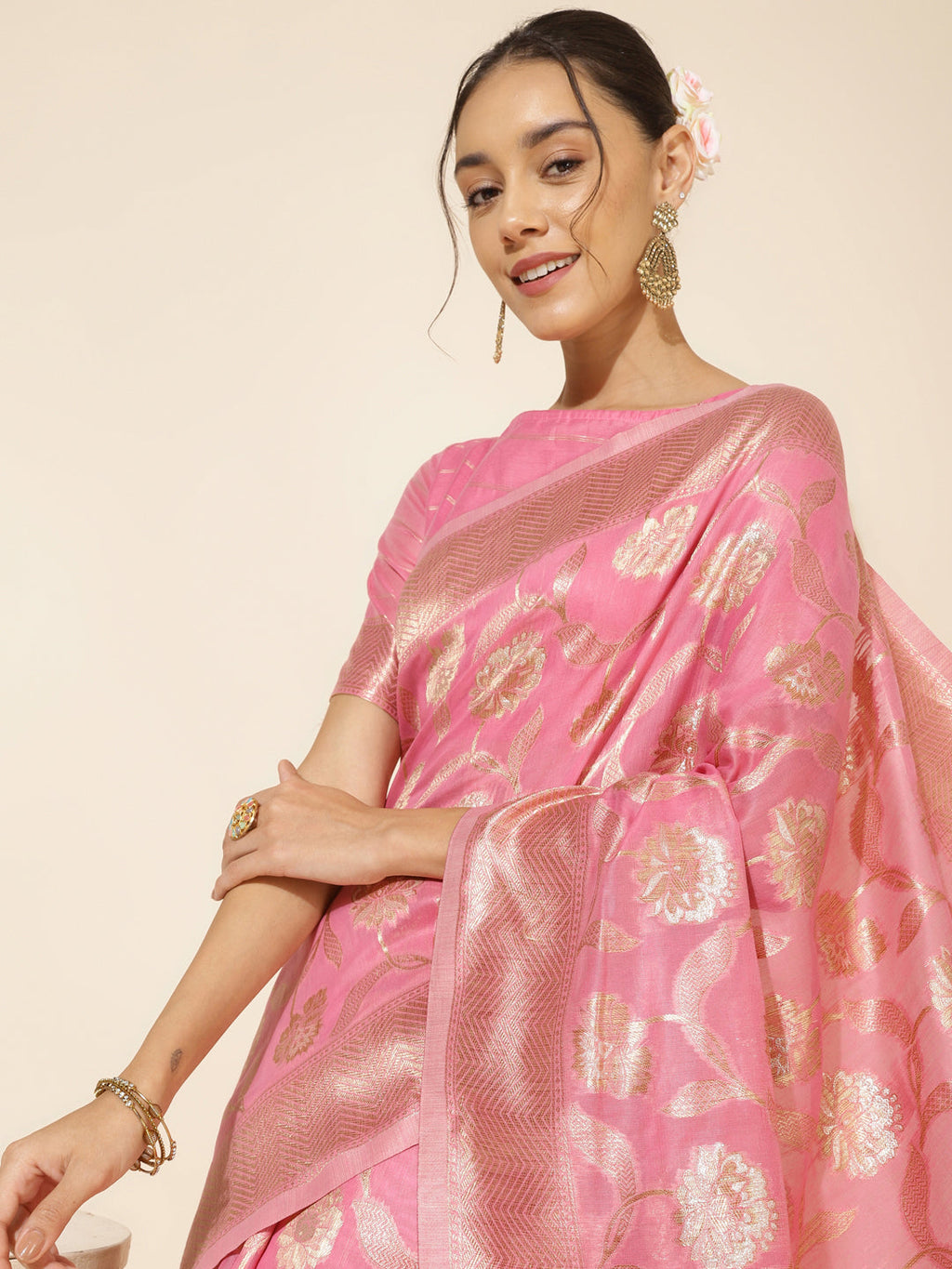 Janasya Pink Chanderi Silk Floral Woven Design Saree | Grocsy