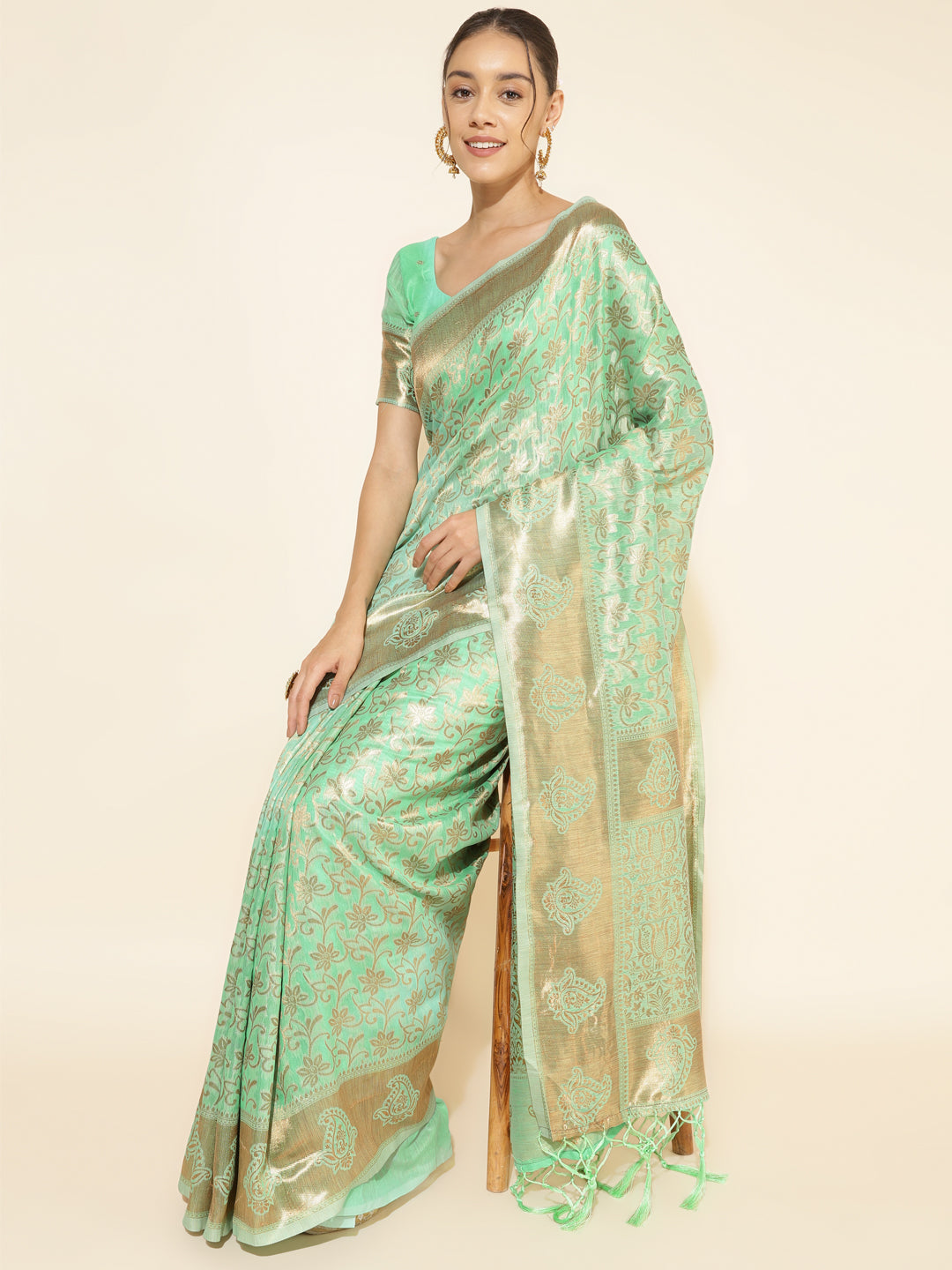 Janasya Light Green Chanderi Silk Floral Woven Design Saree | Grocsy