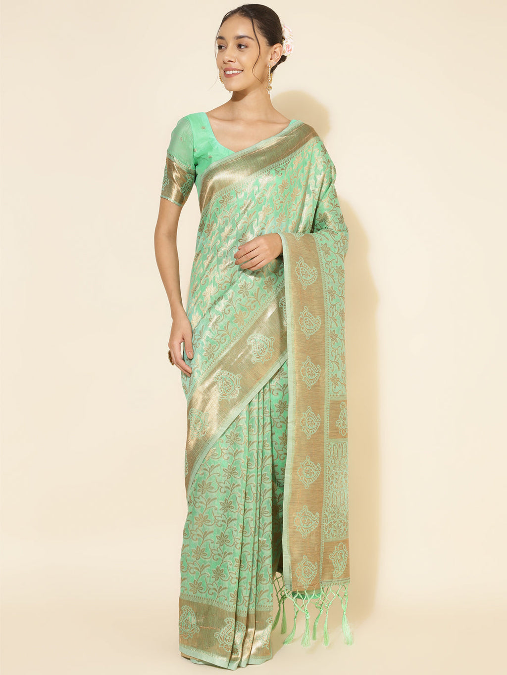 Janasya Light Green Chanderi Silk Floral Woven Design Saree | Grocsy