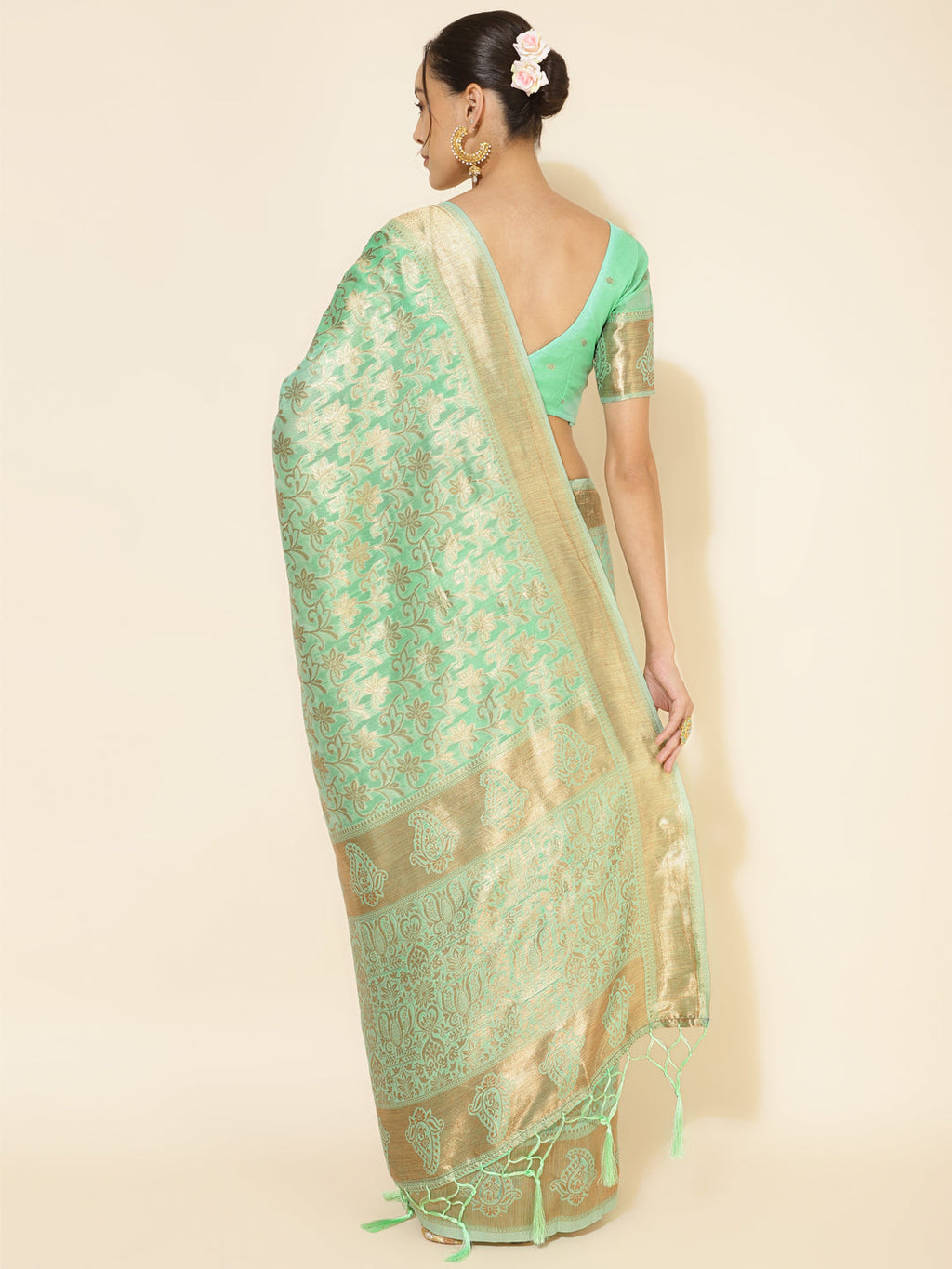 Janasya Light Green Chanderi Silk Floral Woven Design Saree | Grocsy