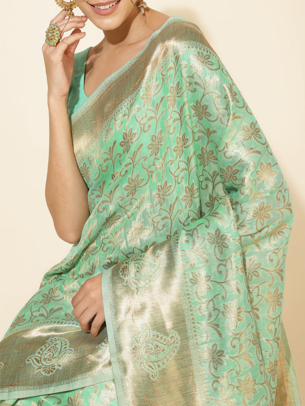 Janasya Light Green Chanderi Silk Floral Woven Design Saree | Grocsy