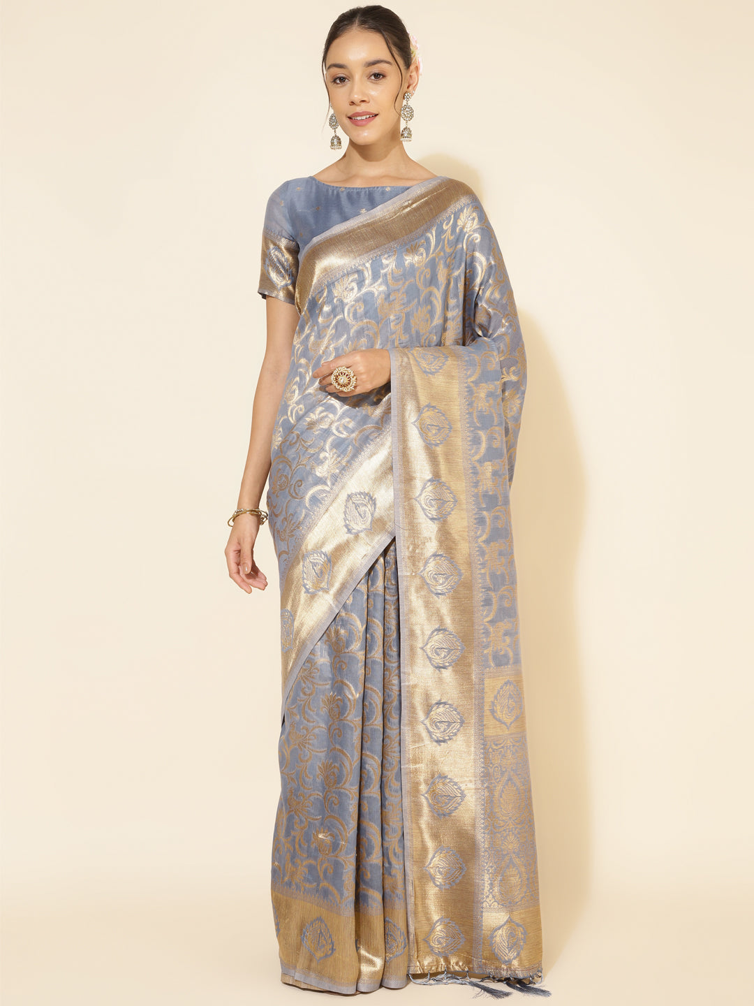 Janasya Grey Chanderi Silk Woven Ethnic Motifs Chanderi Silk Saree | Grocsy