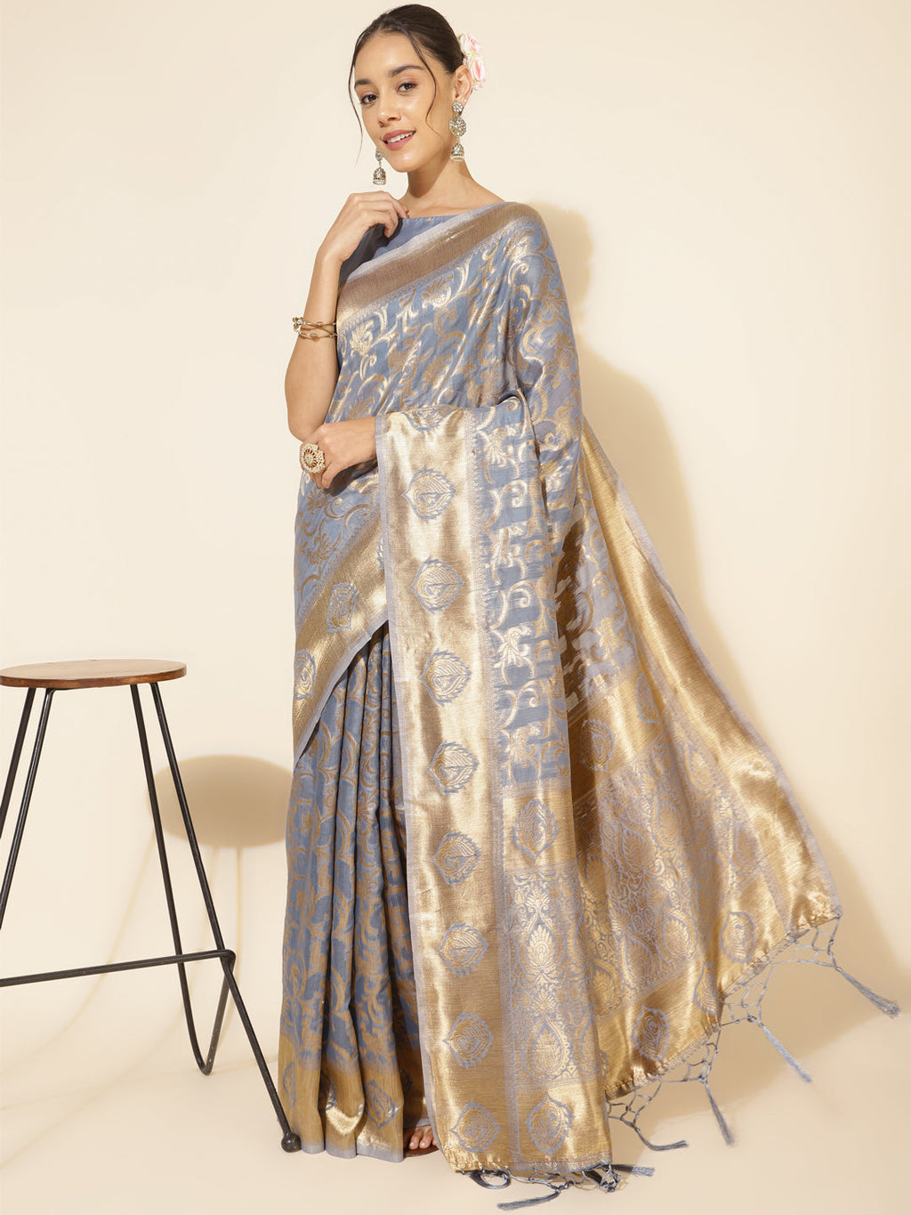 Janasya Grey Chanderi Silk Woven Ethnic Motifs Chanderi Silk Saree | Grocsy