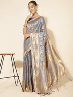 Janasya Grey Chanderi Silk Woven Ethnic Motifs Chanderi Silk Saree | Grocsy