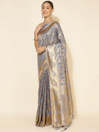 Janasya Grey Chanderi Silk Woven Ethnic Motifs Chanderi Silk Saree | Grocsy
