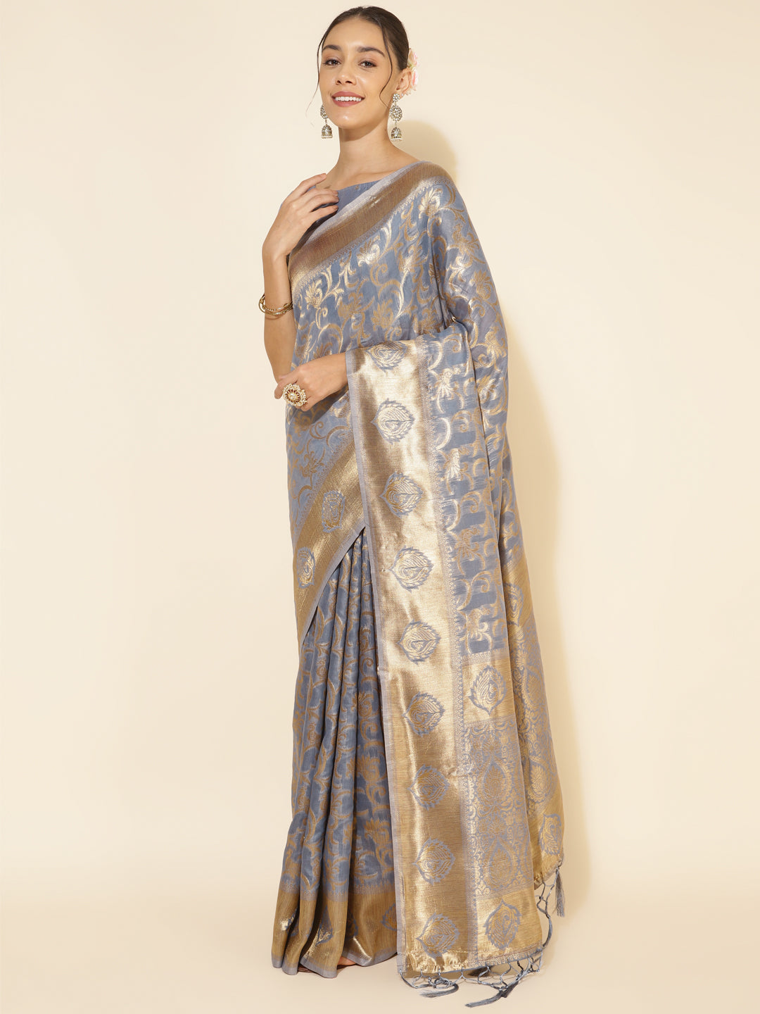 Janasya Grey Chanderi Silk Woven Ethnic Motifs Chanderi Silk Saree | Grocsy