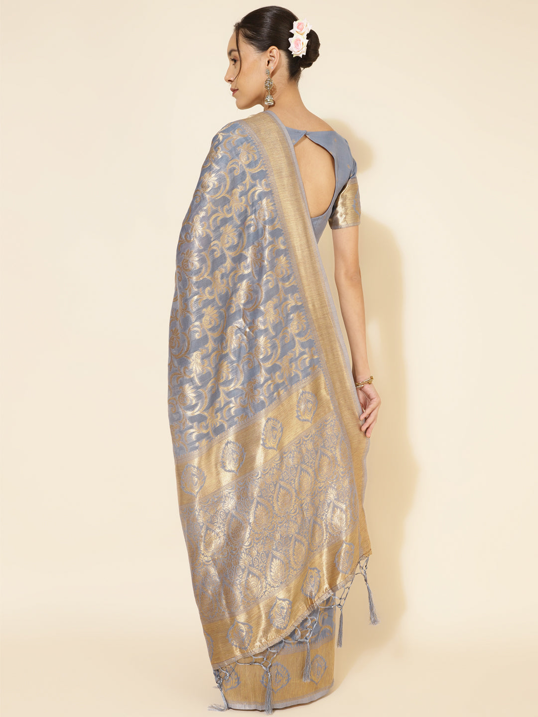 Janasya Grey Chanderi Silk Woven Ethnic Motifs Chanderi Silk Saree | Grocsy