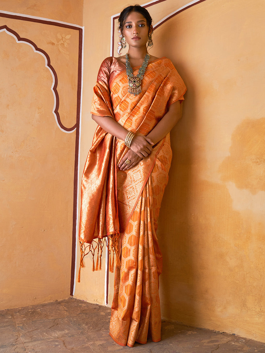 Janasya Yellow Organza Woven Ethnic Motifs Kanjeevaram Saree | Grocsy