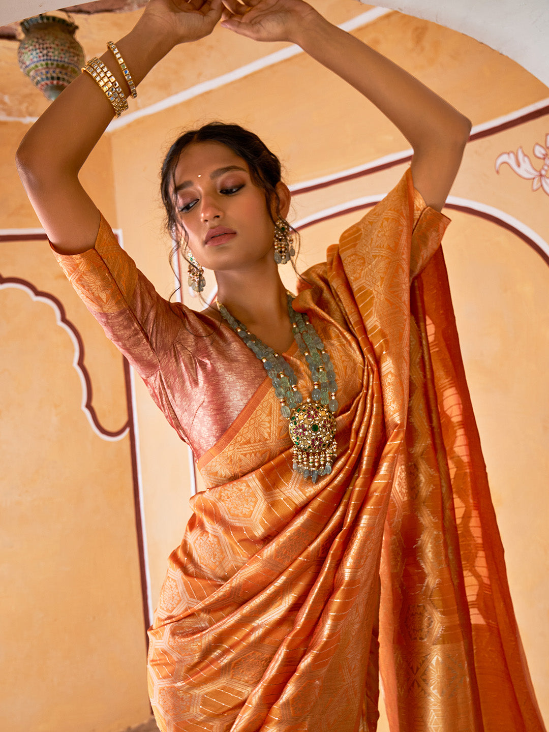 Janasya Yellow Organza Woven Ethnic Motifs Kanjeevaram Saree | Grocsy