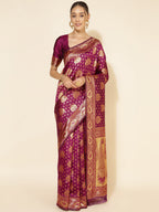 Janasya Wine Banarasi Silk Woven Ethnic Motifs Banarasi Silk Saree | Grocsy