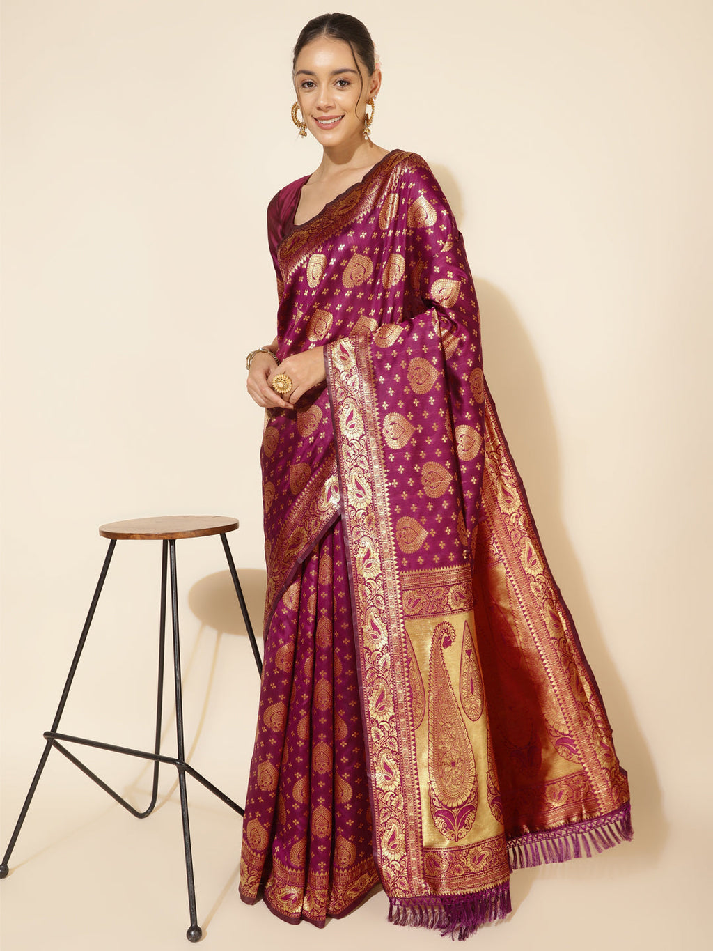 Janasya Wine Banarasi Silk Woven Ethnic Motifs Banarasi Silk Saree | Grocsy