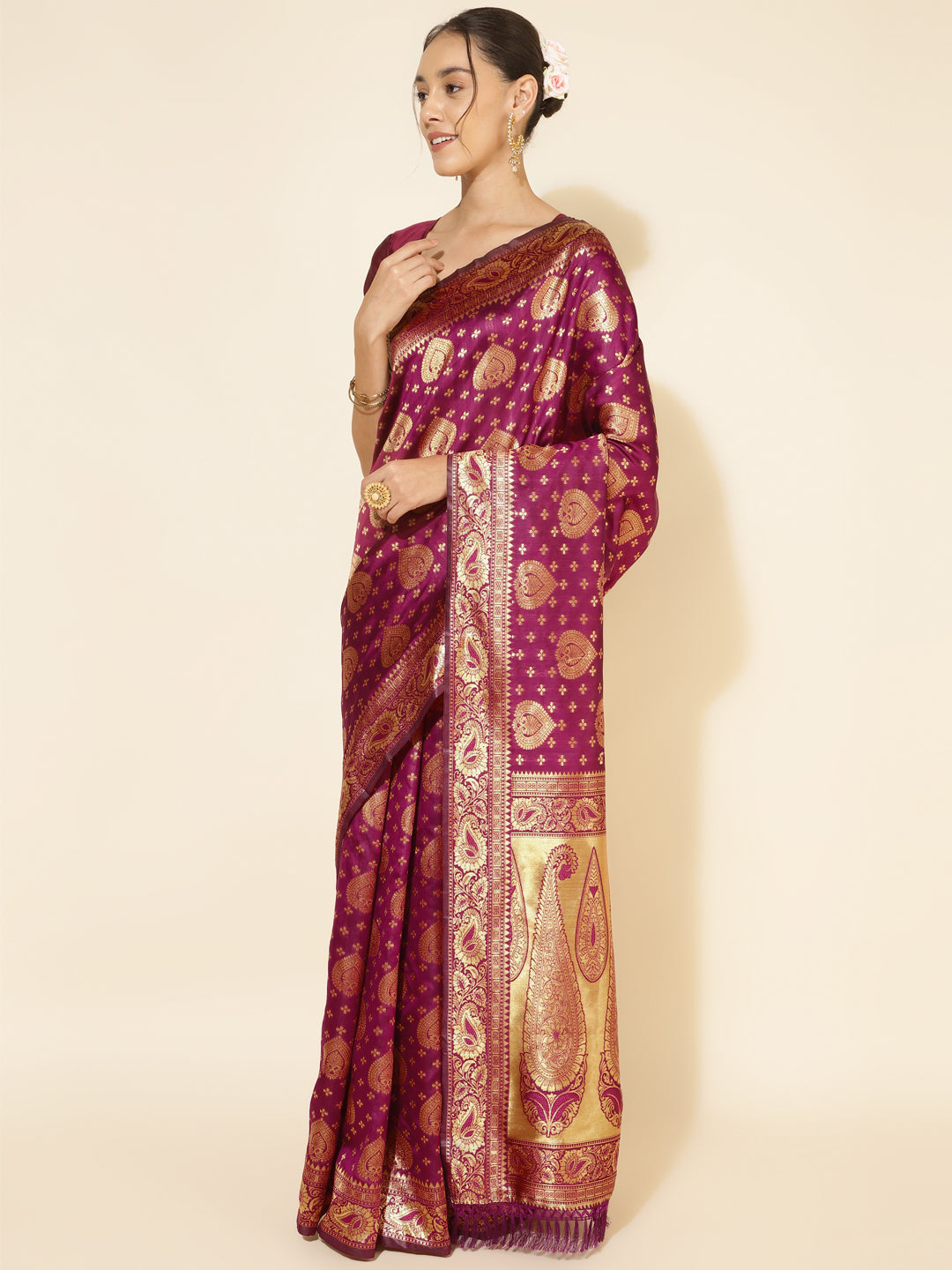Janasya Wine Banarasi Silk Woven Ethnic Motifs Banarasi Silk Saree | Grocsy