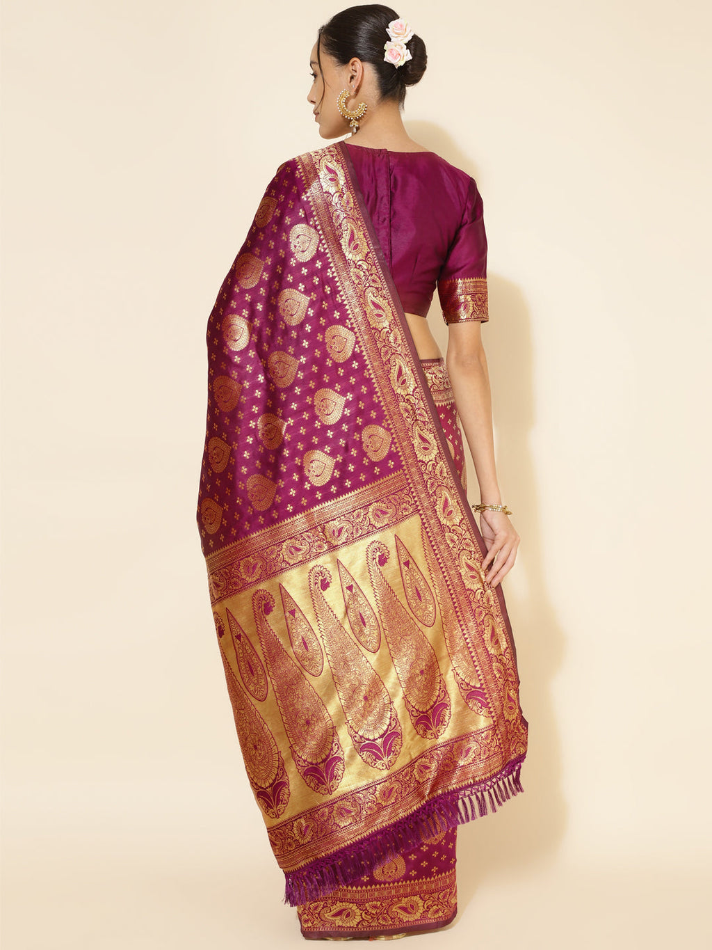 Janasya Wine Banarasi Silk Woven Ethnic Motifs Banarasi Silk Saree | Grocsy