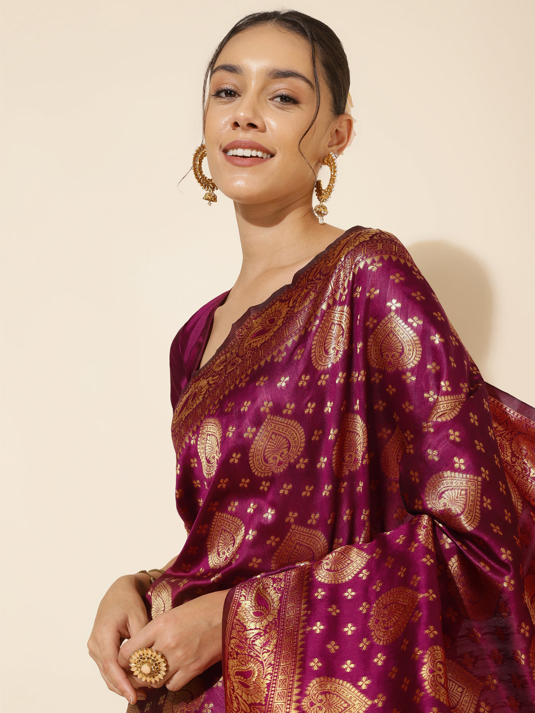 Janasya Wine Banarasi Silk Woven Ethnic Motifs Banarasi Silk Saree | Grocsy