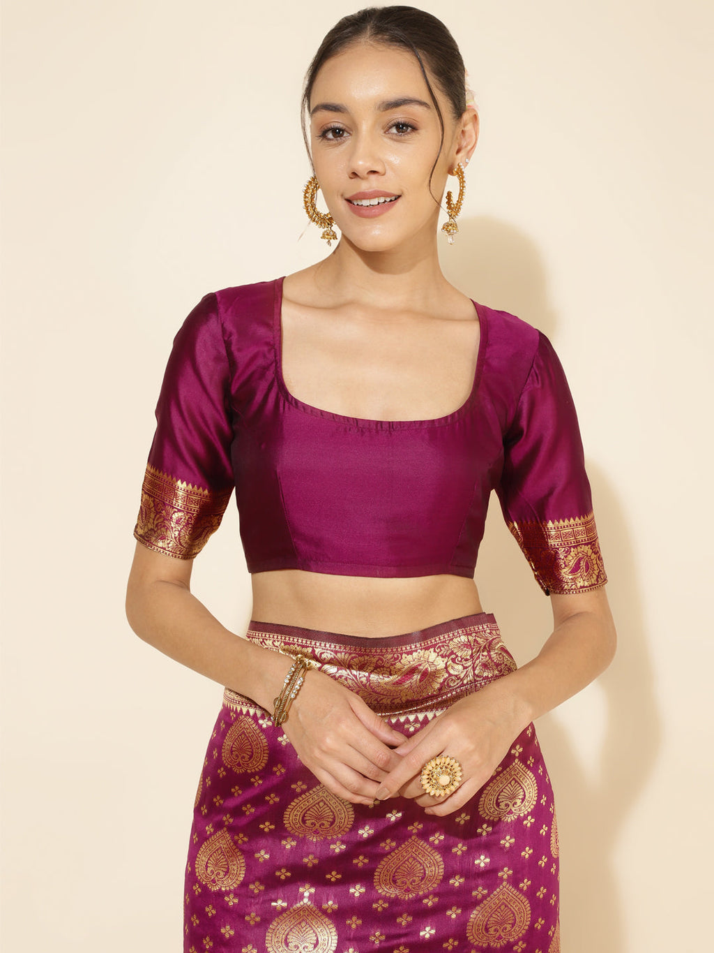 Janasya Wine Banarasi Silk Woven Ethnic Motifs Banarasi Silk Saree | Grocsy