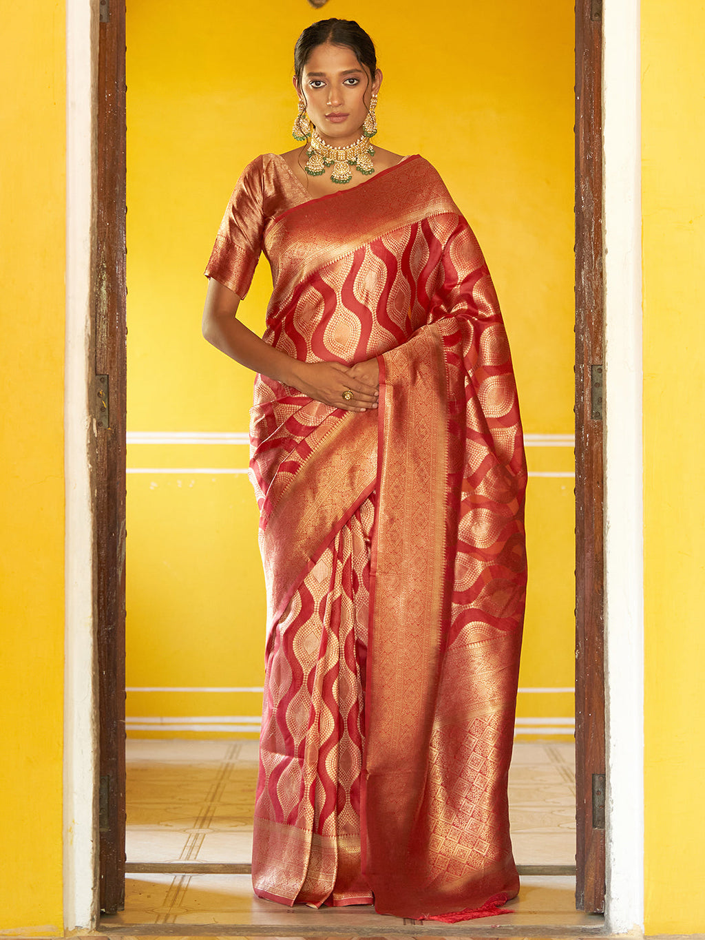 Janasya Red Organza Woven Ethnic Motifs Kanjeevaram Saree | Grocsy