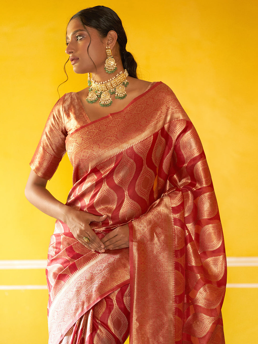 Janasya Red Organza Woven Ethnic Motifs Kanjeevaram Saree | Grocsy