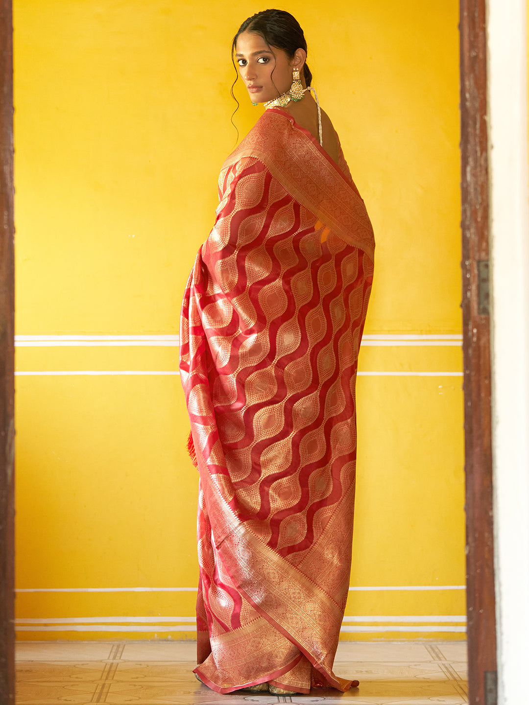 Janasya Red Organza Woven Ethnic Motifs Kanjeevaram Saree | Grocsy