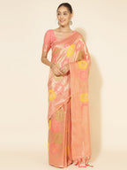 Janasya Peach Chanderi Silk Ethnic Motifs Woven Design Saree | Grocsy