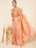 Janasya Peach Chanderi Silk Ethnic Motifs Woven Design Saree | Grocsy