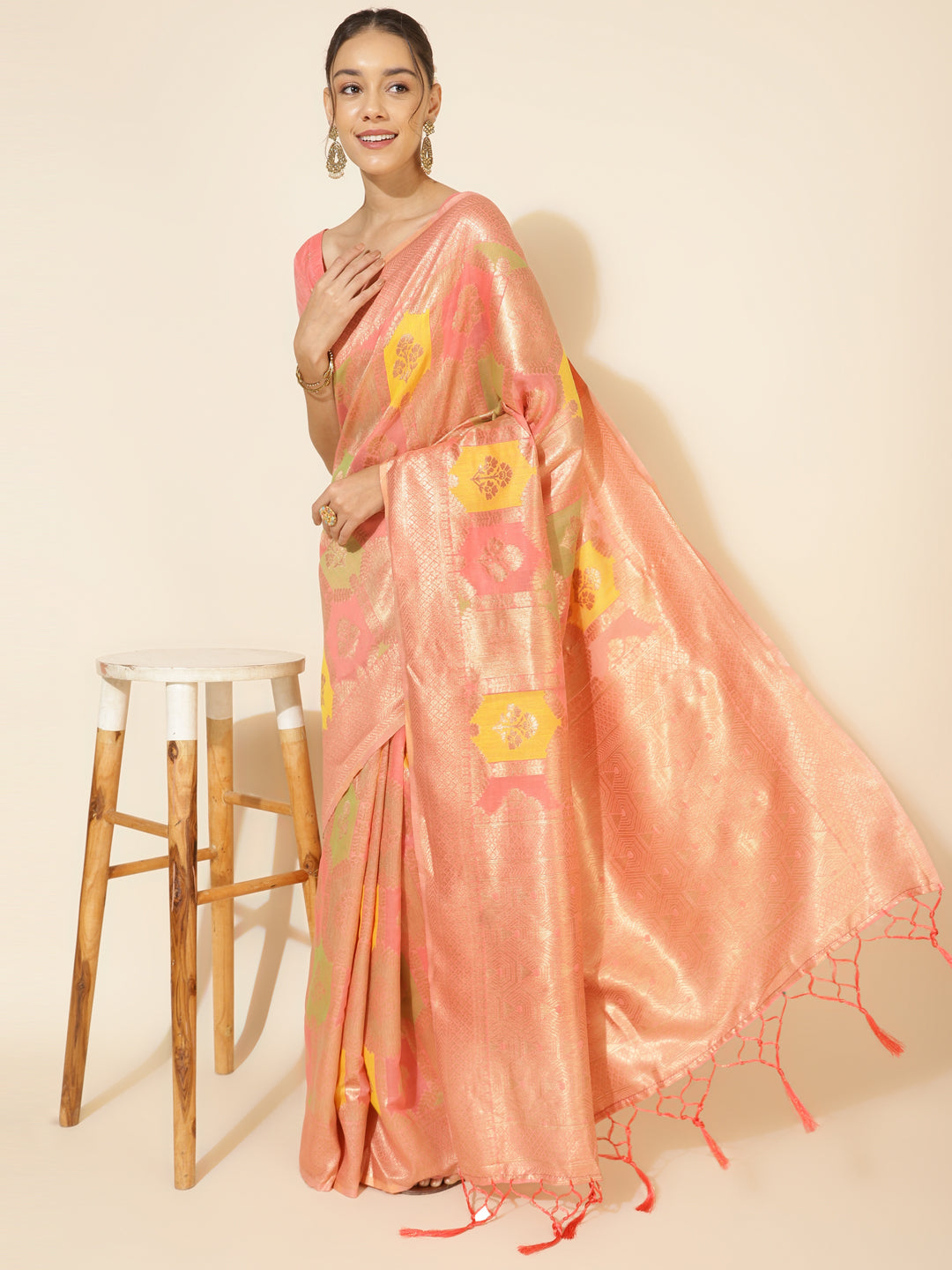 Janasya Peach Chanderi Silk Ethnic Motifs Woven Design Saree | Grocsy