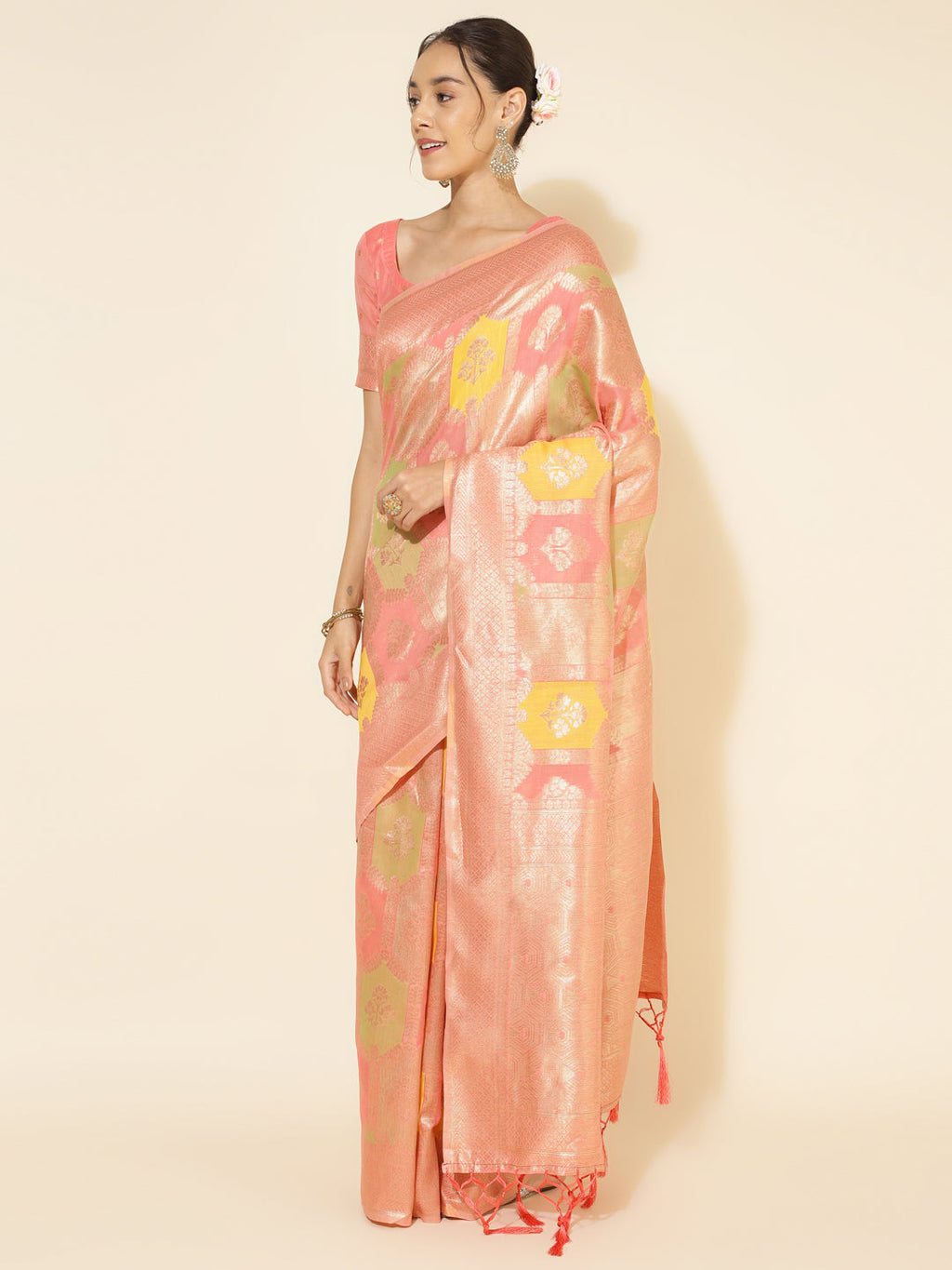 Janasya Peach Chanderi Silk Ethnic Motifs Woven Design Saree | Grocsy