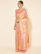 Janasya Peach Chanderi Silk Ethnic Motifs Woven Design Saree | Grocsy