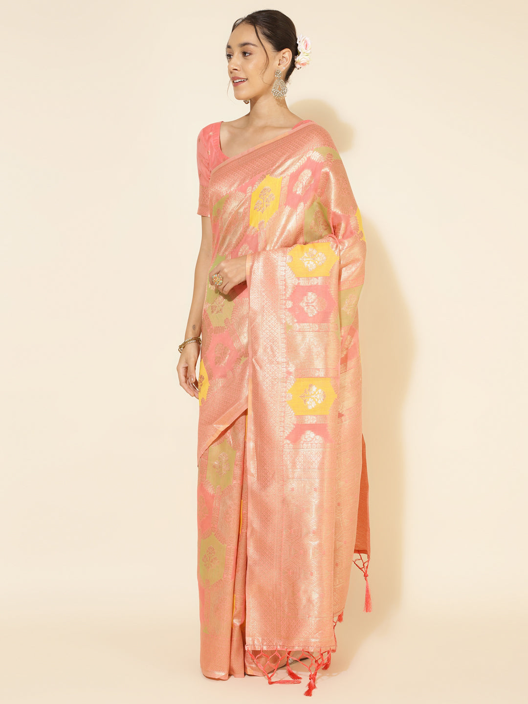Janasya Peach Chanderi Silk Ethnic Motifs Woven Design Saree | Grocsy